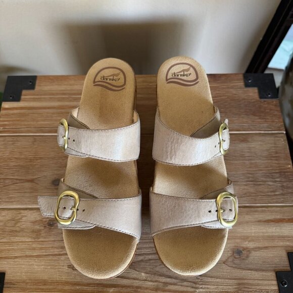 Dansko Sophie Leather Taupe Sand Dollar Double Adjustable Strap Open Toe Clog Si - Picture 3 of 14